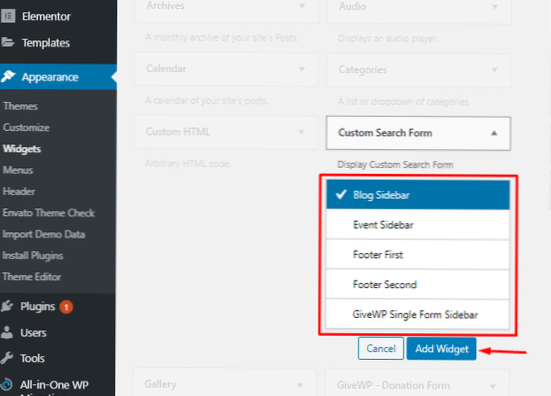 Tilpasset søgning Dashboard-widget