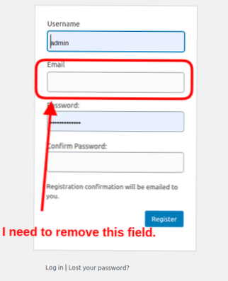 cómo eliminar el campo de correo electrónico del formulario de registro de usuario predeterminado en wordpress
