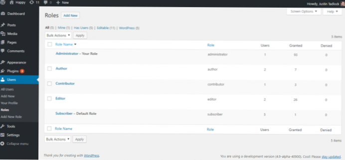 căutând de exemplu cum să încorporați rolurile în pluginul personalizat