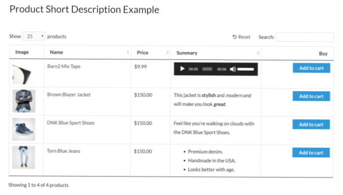 Woocommerce afișați produse cu aceeași scurtă descriere