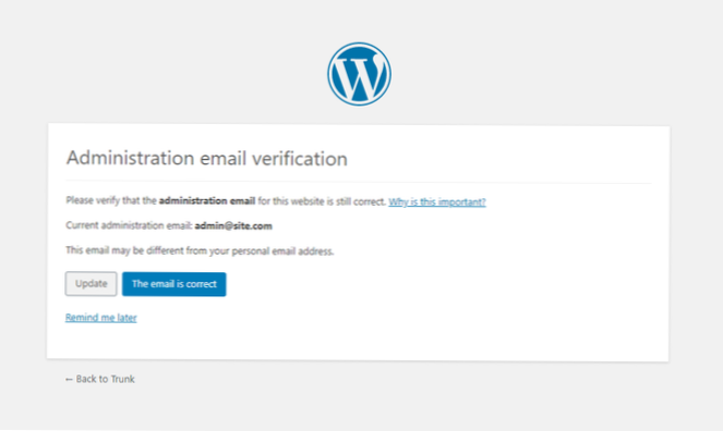 Wordpress 5.5 verifica e-mail dell'amministratore del sito