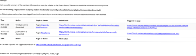 WordPress 5.6 admin jQuery-fejl