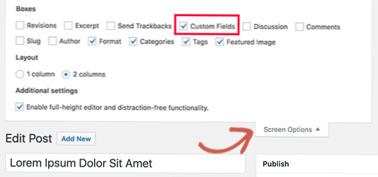 O recurso de campos personalizados do Wordpress está faltando na minha instalação