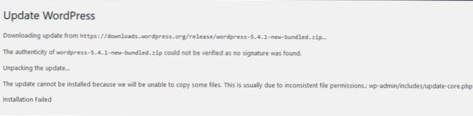 Impossible de mettre à jour WordPress Core via le tableau de bord administrateur