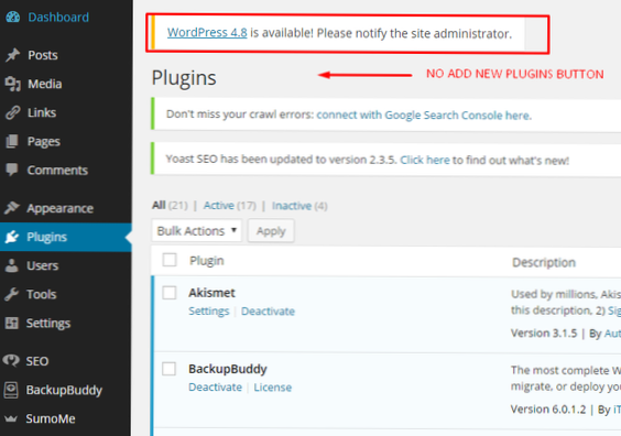 Impossibile aggiornare WordPress con gli utenti amministratori