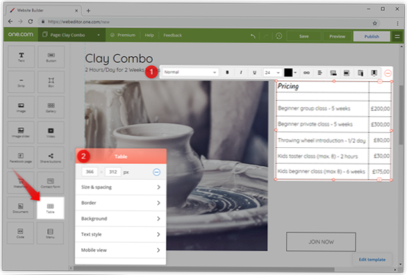 How do you add a table to a site?