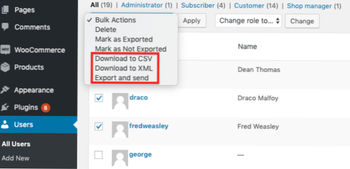 How to change destination for WooCommerce Customer Export