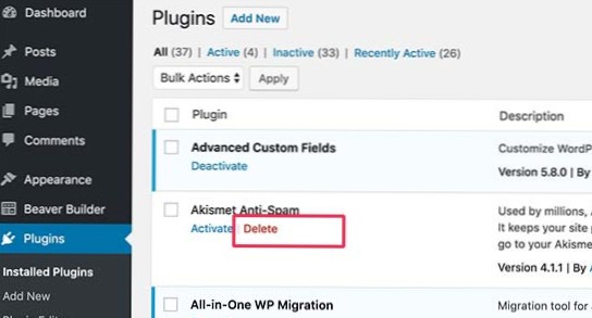 How to delete page by deactivating plugin