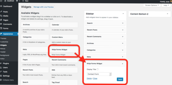 Cum se afișează un formular Ninja pe paginile de administrator Wordpress