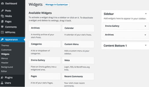 Como exibir widgets padrão na barra lateral?