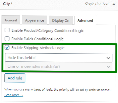 Elimine los campos de pago con Woocommerce dependiendo de uno de varios métodos de envío
