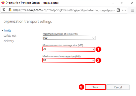 Définir la taille des pièces jointes