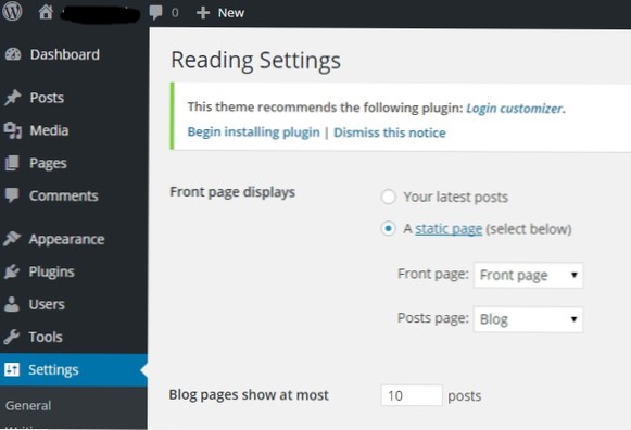 Statická stránka nefunguje na řídicím panelu Wordpress, zobrazují se pouze nejnovější příspěvky