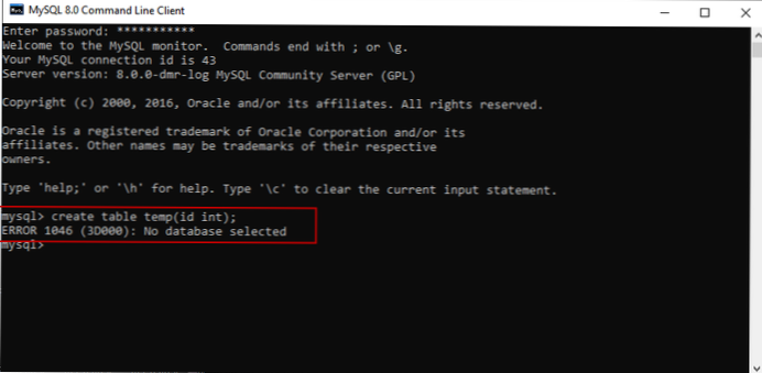 What is my error trying to create a new table in the database?