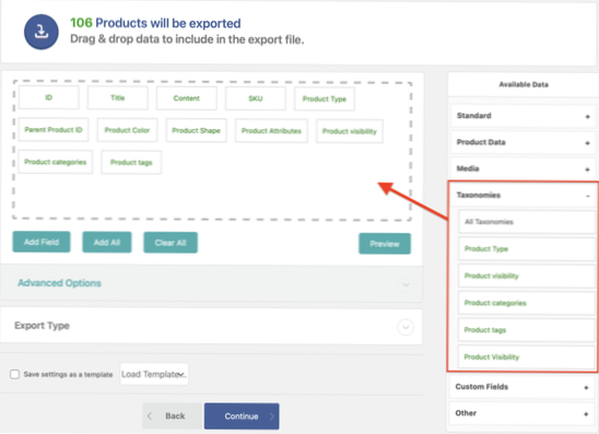 WooCommerce product taxonomies and menu export
