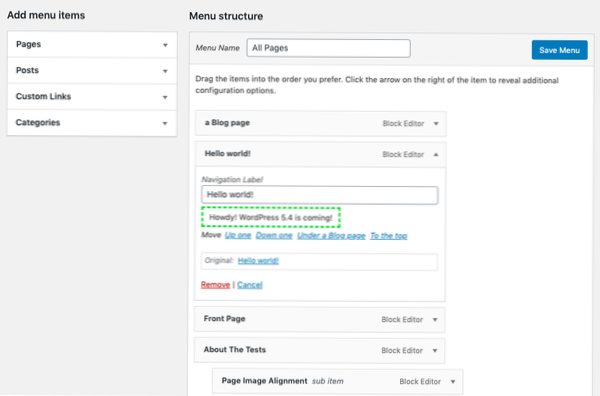 Mohu nyní přidat třídu do kotvy mé položky nabídky s Wordpress 5.4?