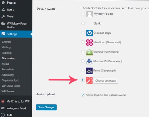 Endre wordpress standard avatar med tilpasset plugin