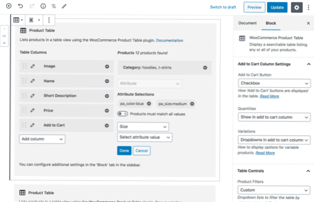Creating Product Table using Gutenberg