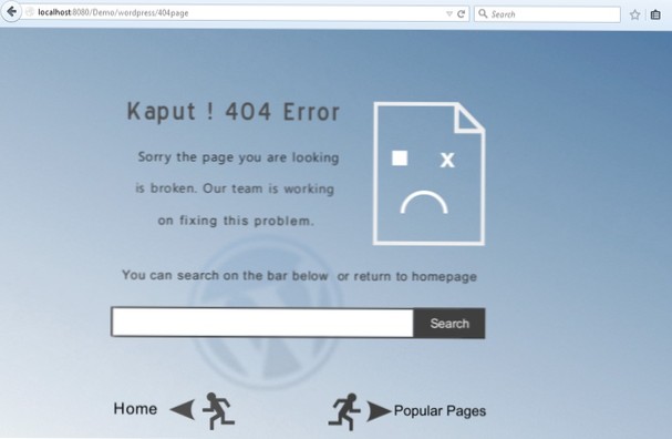 Page personnalisée avec l'en-tête WP affichant le titre de la page introuvable