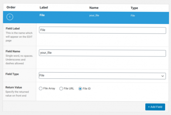Hvordan opdaterer vi et brugerdefineret filuploadfelt med Advanced Custom Field plugin?