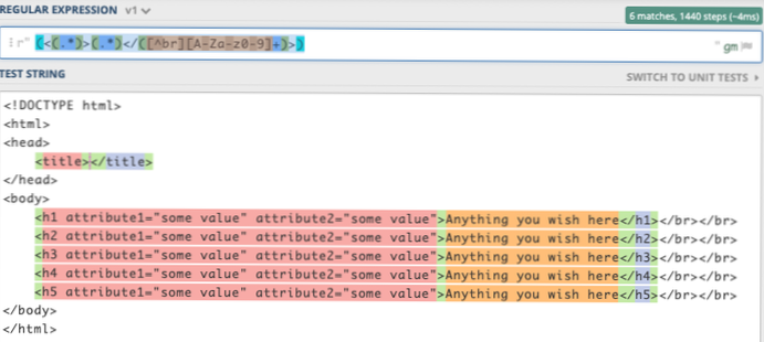 How to get different html tags from the content using regex?