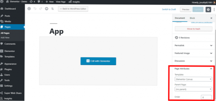 Remove elementor header and display default theme header