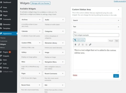 barra lateral no tema 2020 como um widget