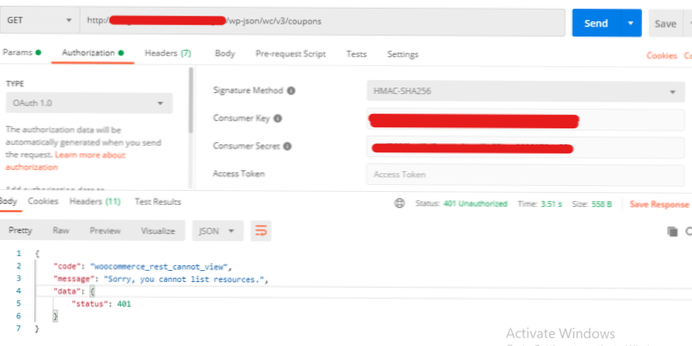 O que fará com que Woocommerce REST API tenha o problema 401 [fechado]