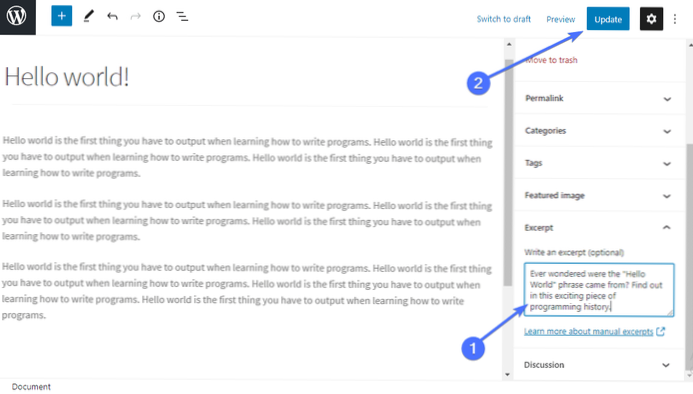 Kan ikke finde ud af, hvordan man tilføjer et læs mere-link til et manuelt uddrag. Hjælp venligst
