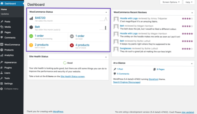 How to change the “Woocommerce Status” text in dashboard widget