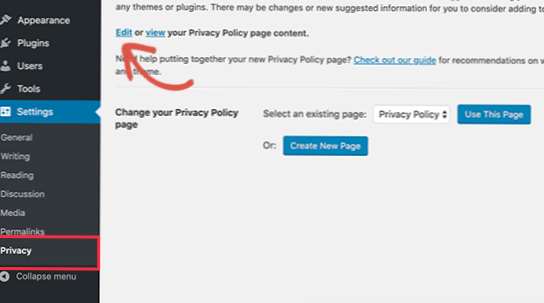 Sådan gøres standard Privacy Policy Page til en normal side?