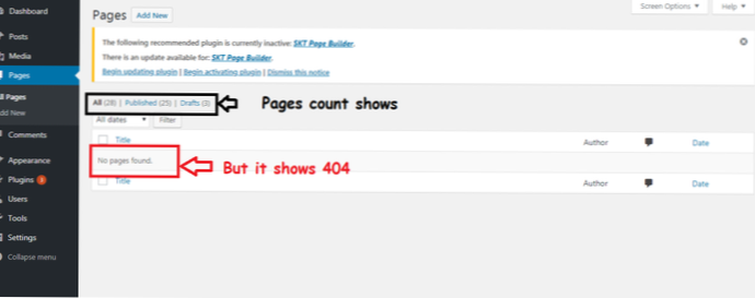 Sidetællinger vises i WordPress-backend, men sider viser 404