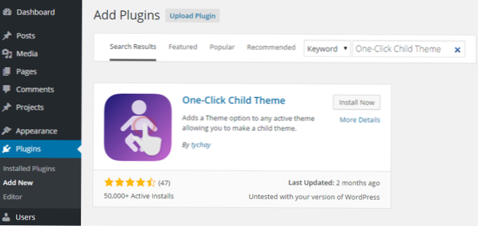 Cercando di creare un tema figlio con il plugin
