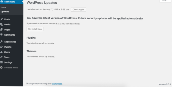 Atualizações ocultas no painel