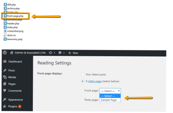 Vad motsvarar förstasidan.php för en anpassad statisk sida?