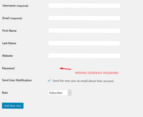 wordpress Account Management genererer adgangskode mangler på min bærbare computer