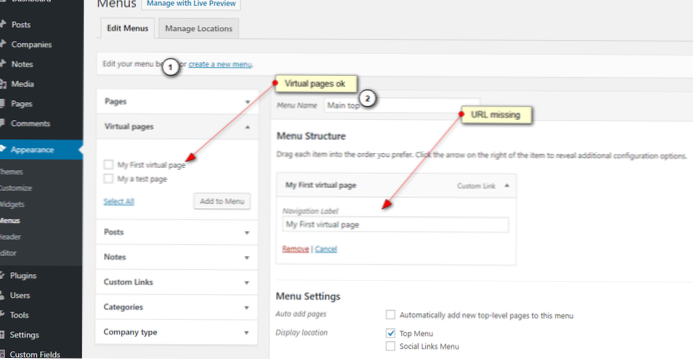 Les menus de navigation Wordpress ne trouvent pas la page