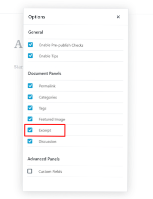 Autoriser l'extrait pour les pages dans Gutenberg?