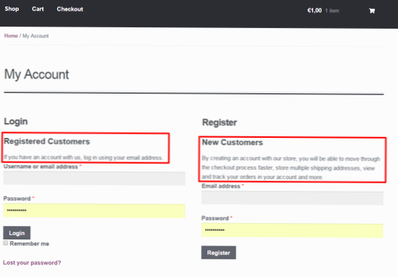 Cambia le parole sui pulsanti Accedi e Registrati su Woocommerce