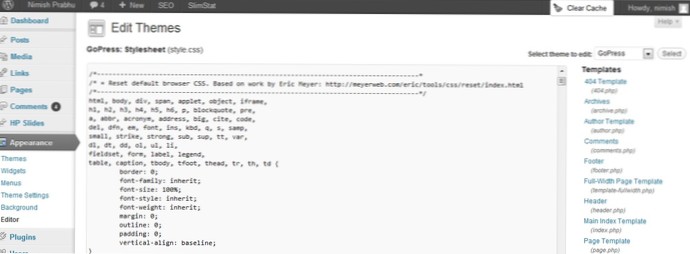 WordPress tema editor vises ikke