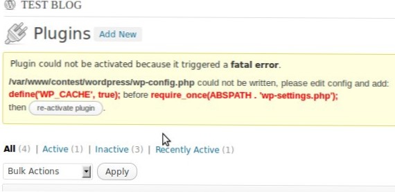 Fatal error when activating my custom wordpress plugin