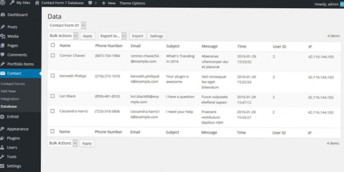Come salvare i dati nella mia tabella db con l'utilizzo del modulo di contatto sette?