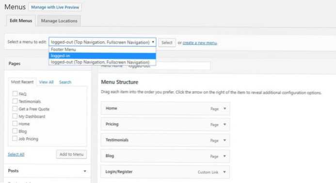 Sådan vises forskellige menuer til loggede brugere i WordPress [duplikat]