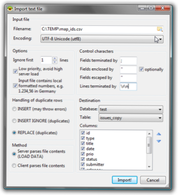 L'importation de CSV dans la table de base de données ne fonctionne pas?