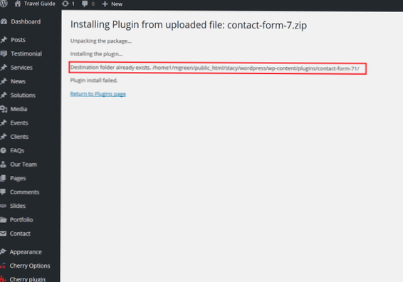 Instalace se nezdařila Cílová složka již existuje