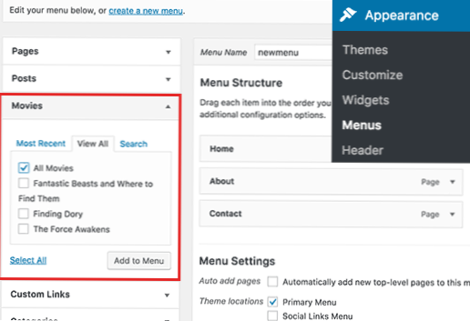 page menu entry for custom post type