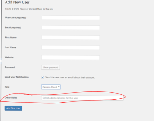 Jak odstraním pole Další role (z pluginu Editoru uživatelských rolí) ve wp-admin / user-new.php