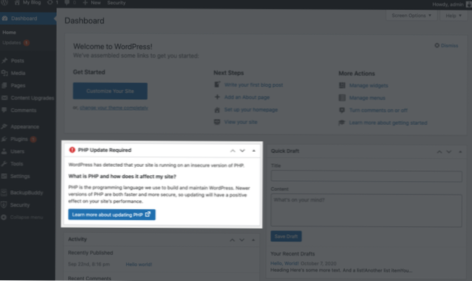 Minimální verze pro páteř Wordpress