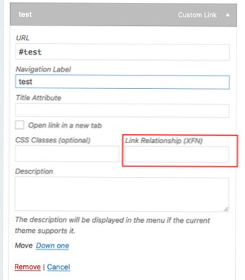remove or hide Link Relationship (XFN) form Menus tab